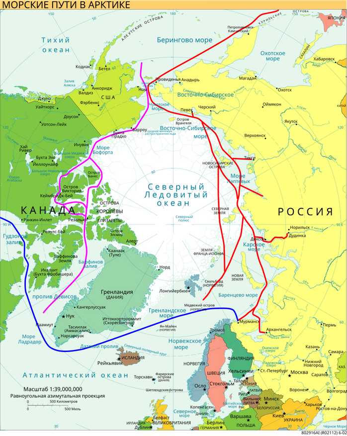 Морские пути в Арктике: Северный морской путь (красный), Северо-Западный проход (розовый) Арктический мост (синий)