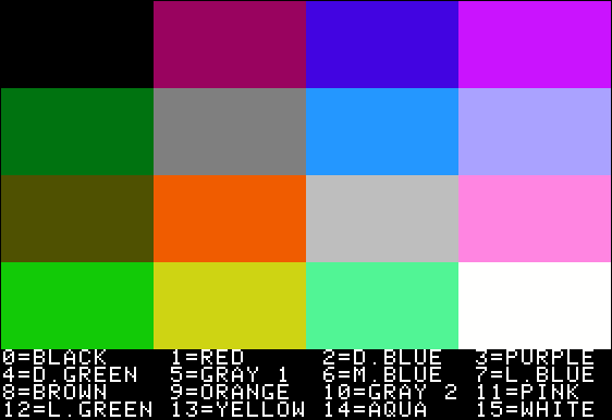  Снимок экрана базовой программы Apple II, на котором отображается цветовая палитра режима низкого разрешения.