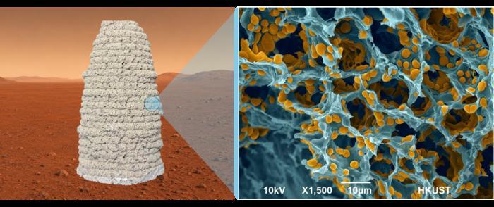 Технология 3D-печати биоматериалов в марсианских условиях (–30 °C и давление 0,01 атм) показана слева. На микрофотографии справа подсвечены желтым полимерная основа и генно-модифицированные дрожжи, образующие пористый каркас будущих космических построек.