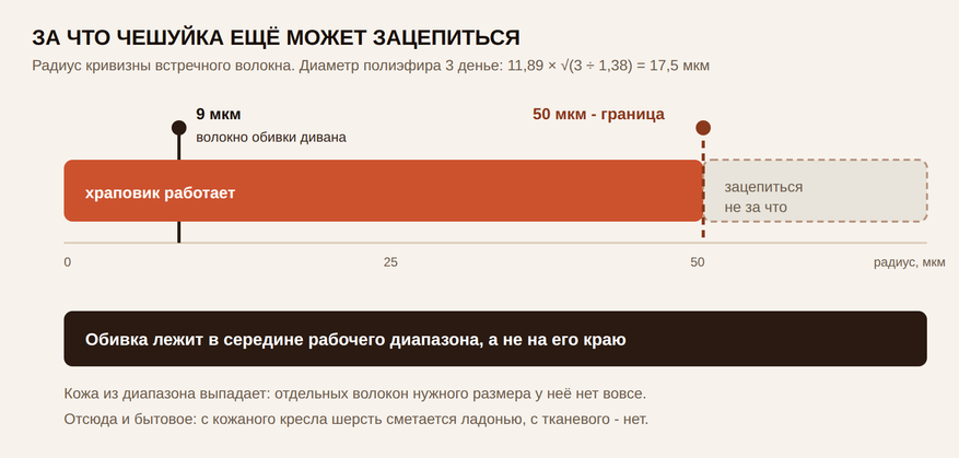 Граница работы храповика — 50 мкм радиуса. Волокно мебельной ткани в пять раз тоньше границы, кожа выпадает из диапазона вовсе