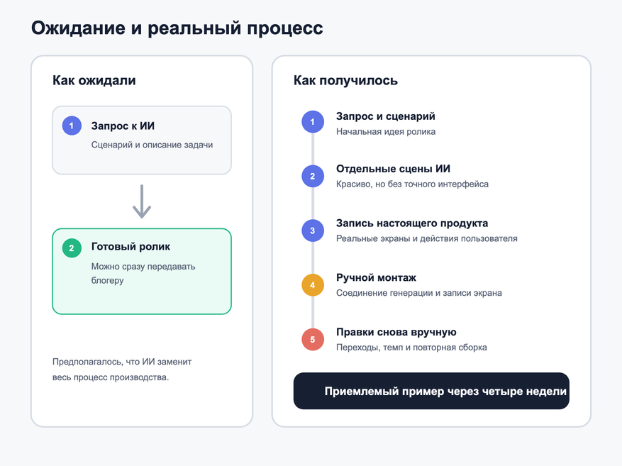 Первоначальное ожидание и реальный процесс. Генерация оказалась только одним из этапов, а не заменой всей работы.